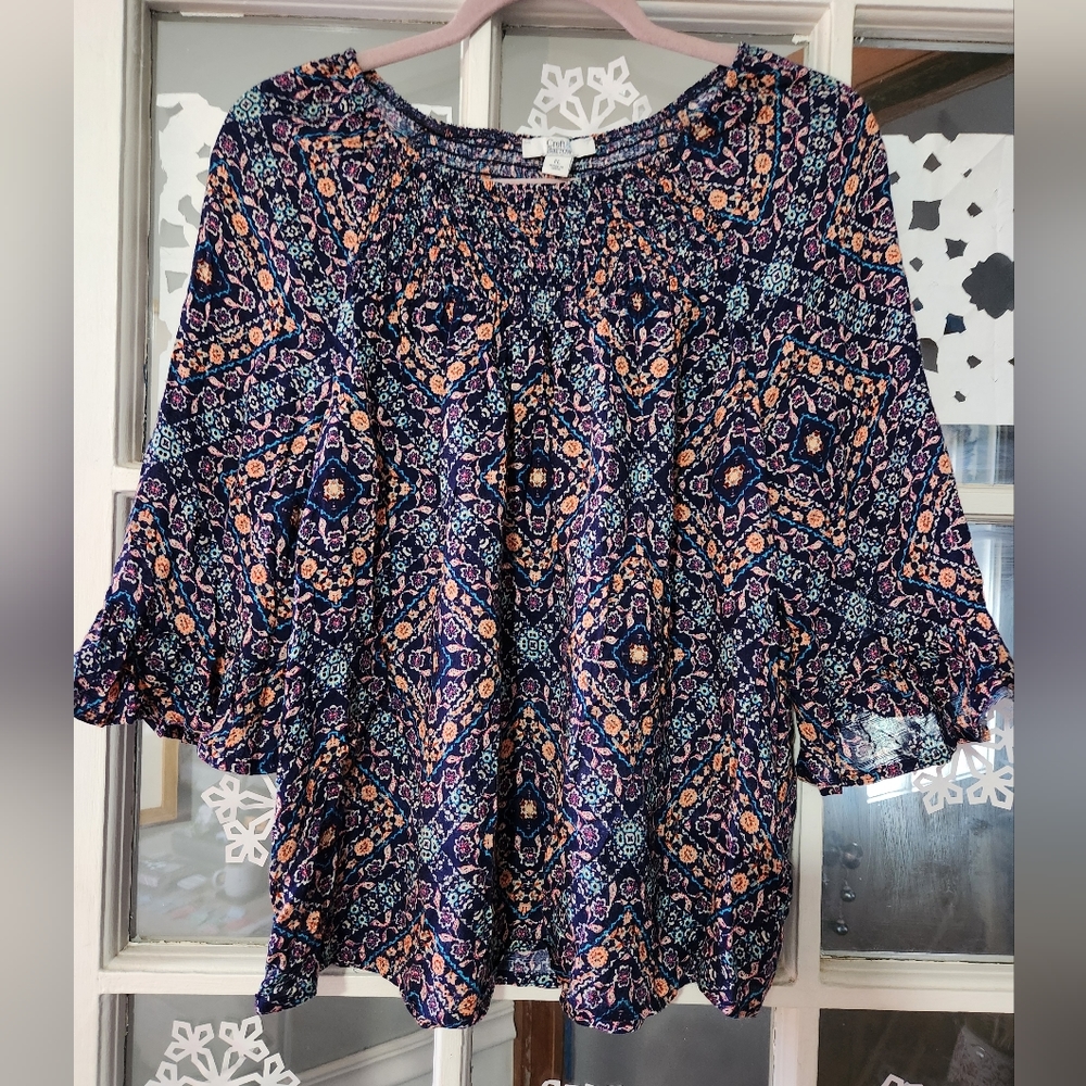 Croft and Barrow ruched elastic neckline blouse with 3/4 ruffle sleeves